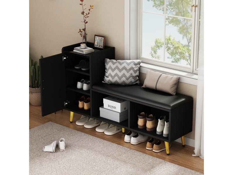 Meuble à chaussures noir brillant avec banc rembourré, rangement 10 paires et étagères réglables pour entrée, 120 cm - Conforama B