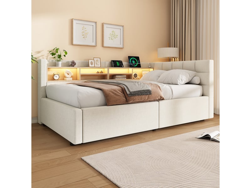  Lit superposé 90x200 cm, lit enfant, couchage d'appoint, rangement hydraulique, étagères, led, port usb, lin beige  - Conforama W