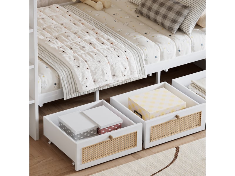  Modenvie lit superposé enfant 90x200 cm - avec 3 tiroirs, barrières de sécurité, sans matelas - blanc et naturel  - Conforama E