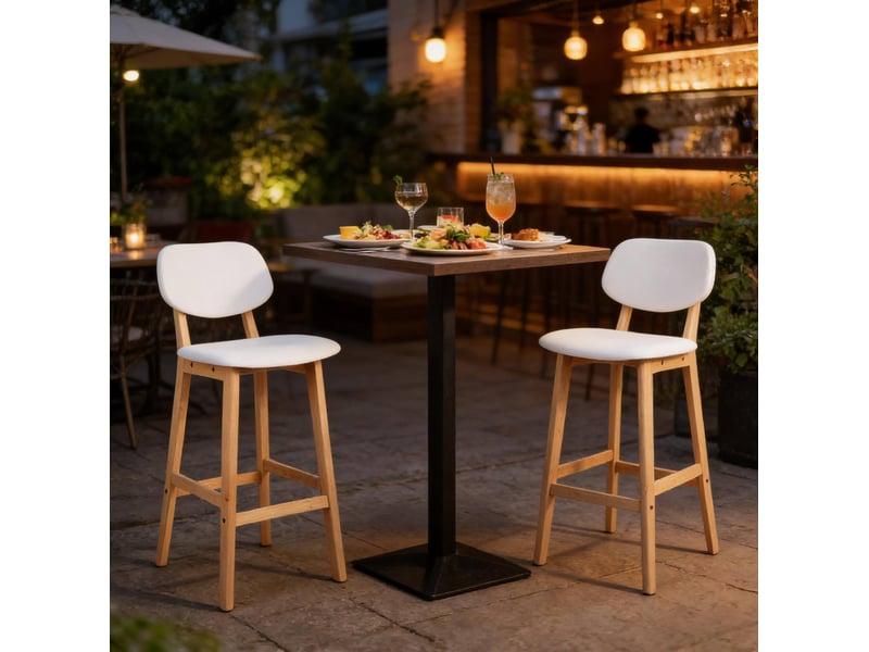  Tabouret de bar avec dossier, siège rembourré et repose-pieds en similicuir blanc et bois, lot de 2  - Conforama D