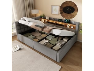 Lit banquette coffre 140x200 cm - lit double avec de rangement hydraulique, éclairage led dimmable, tête de lit étagère et prises usb, gris