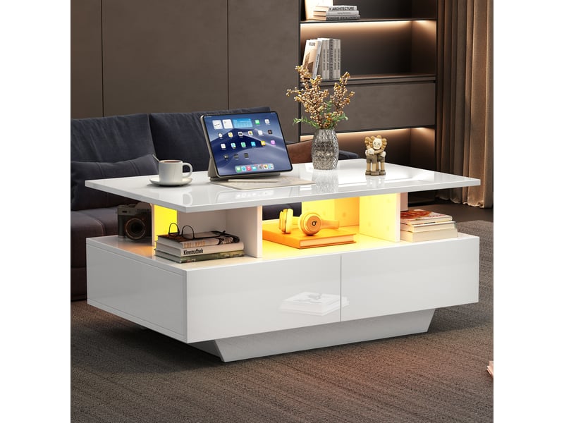  Table basse blanche brillante avec led intégrée, 2 tiroirs de rangement, 90x55x41 cm, charge 30 kg  - Conforama W