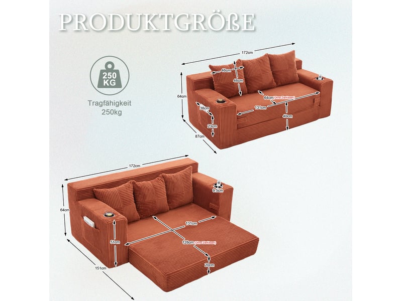  Canapé modulable 3 places modenvie en velours côtelé orange avec porte-gobelets et poches latérales 172 x 87 x 64 cm  - Conforama C