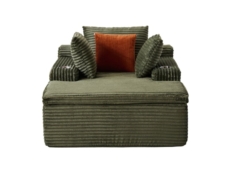  Canapé de sol 1 place en velours côtelé vert avec méridienne, 3 coussins et 1 plaid, sans montage pour votre salon  - Conforama A
