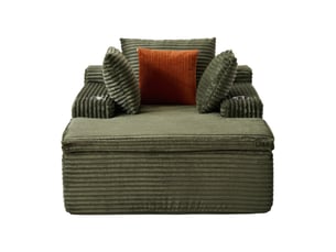 Canapé de sol 1 place en velours côtelé vert avec méridienne, 3 coussins et 1 plaid, sans montage pour votre salon