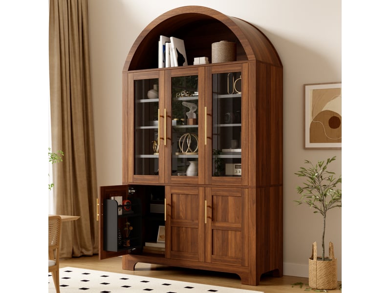  Buffet haut moderne 110x40x185 cm, niche ouverte en arche, 3 portes vitrées et 3 portes, mdf, couleur noyer  - Conforama E