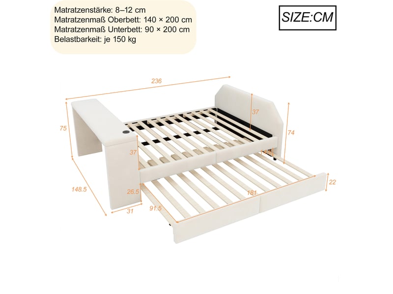  Lit simple rembourré 140 x 200 cm, bureau, port usb et couchage extractible, velours beige  - Conforama B
