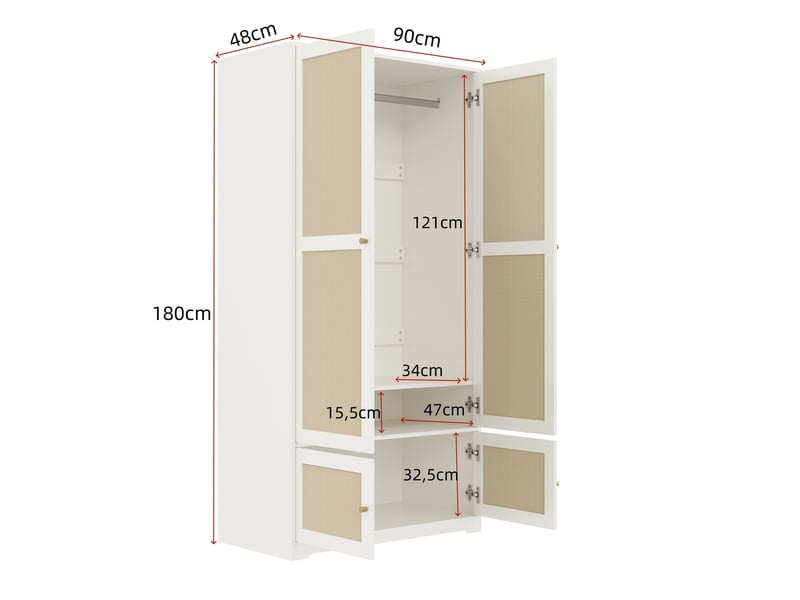  Armoire 2 portes, 90x48x180 cm, avec penderie et étagères, en mdf, blanc  - Conforama E