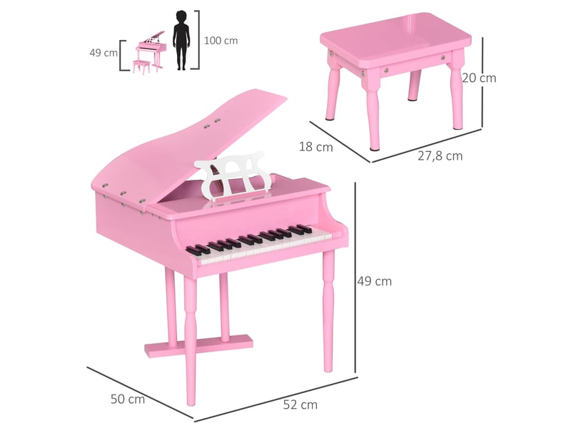 Piano à queue enfant en bois piano enfant clavier de piano 30 touches - tabouret et pupitre inlus - instrument de musique - mdf rose - Conforama C