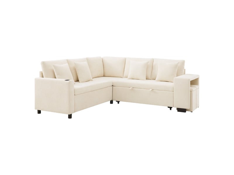  Canapé d'angle l beige, convertible avec couchage, rangement, usbusb-c, porte-gobelet et coussins  - Conforama A