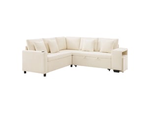 Canapé d'angle l beige, convertible avec couchage, rangement, usbusb-c, porte-gobelet et coussins