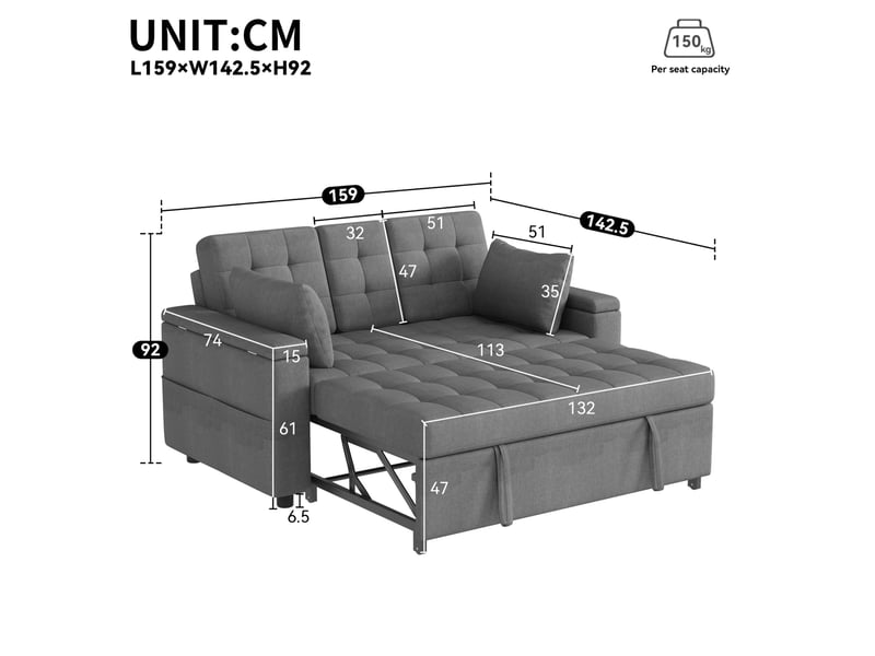  Canapé convertible modenvie 2 places avec rangement et dossier réglable gris 159 x 142,5 x 92 cm  - Conforama C