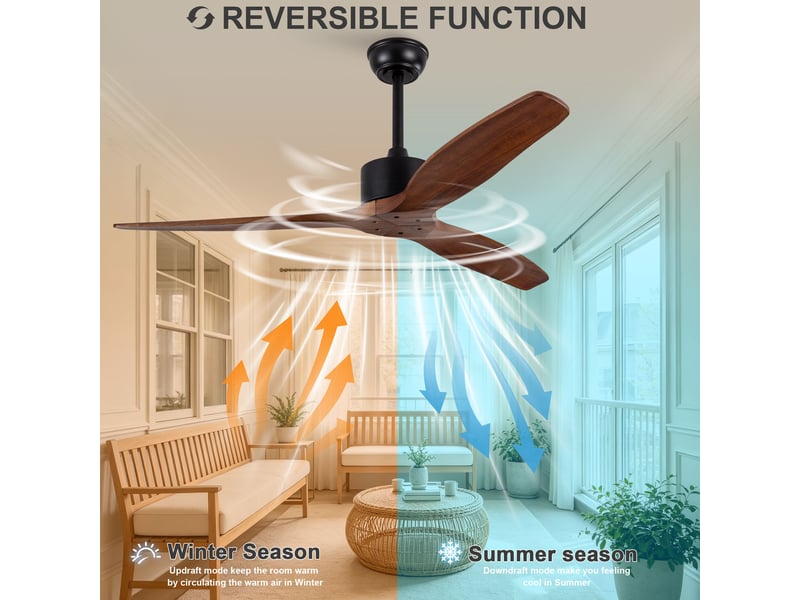  Ventilateur de plafond 132 cm sans éclairage 3 pales bois massif noyer et noir réversible 6 vitesses télécommande  - Conforama B