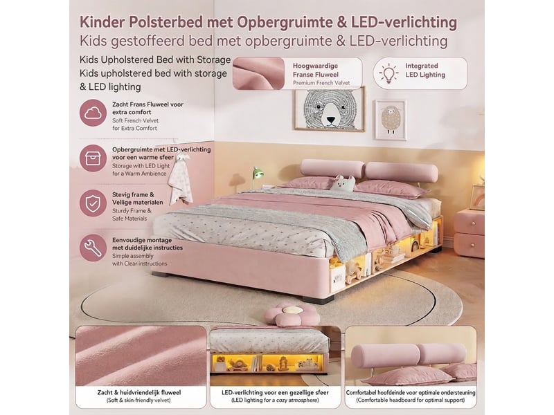  Lit jeune, 140x200 cm, éclairage led, rangement intégré, rose cao-N622D326162P-conf-NEW - Conforama W