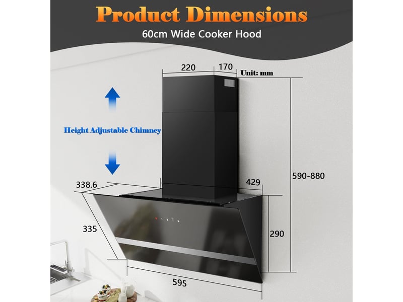  Hotte aspirante murale noire 60 cm, 450 m³h, 3 vitesses avec boost, tactile, évacuation et recyclage, éclairage led, classe a+++  - Conforama C