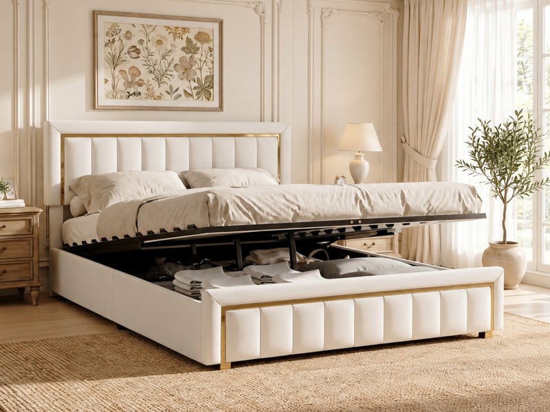  Lit coffre 180x200 cm, lit double rembourré avec rangement, lit coffre hydraulique - sommier à lattes - sans matelas - capacité de charge 350 kg - velours beige  - Conforama B