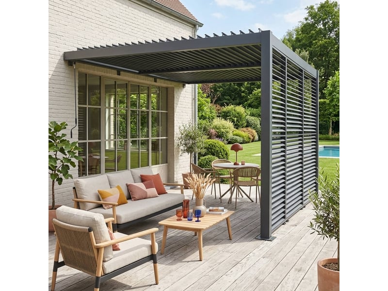  Pergola bioclimatique aluminium adossée 4x3m anthracite + 3 persiennes 130cm lames orientables palace  - Conforama B