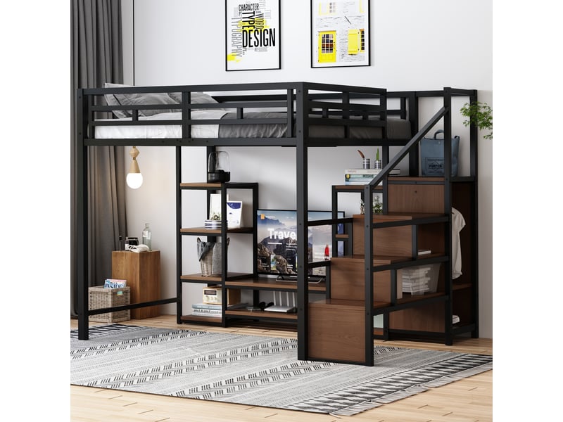  Lit mezzanine 140x200 cm avec support tv, prise électrique et échelle de sécurité, structure métal et bois, lit superposé noir avec rangement pratique  - Conforama E