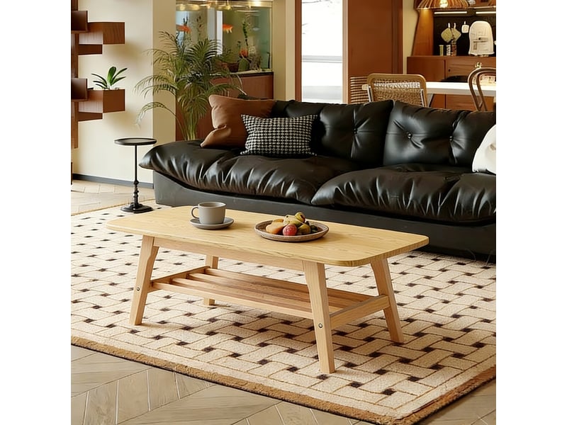  Table basse de salon 100x48x42 cm - table basse en bois massif avec étagère à lattes et double niveau de rangement – naturel  - Conforama E
