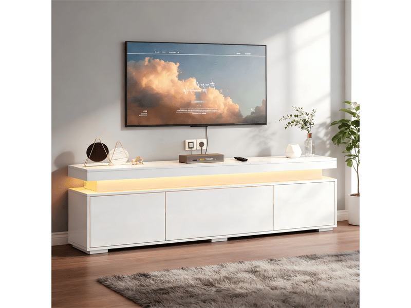  Meuble tv bas rayofi 150 x 35 x 43 cm, 3 portes, 4 compartiments, éclairage led intégré, blanc laqué, panneaux de particules  - Conforama W