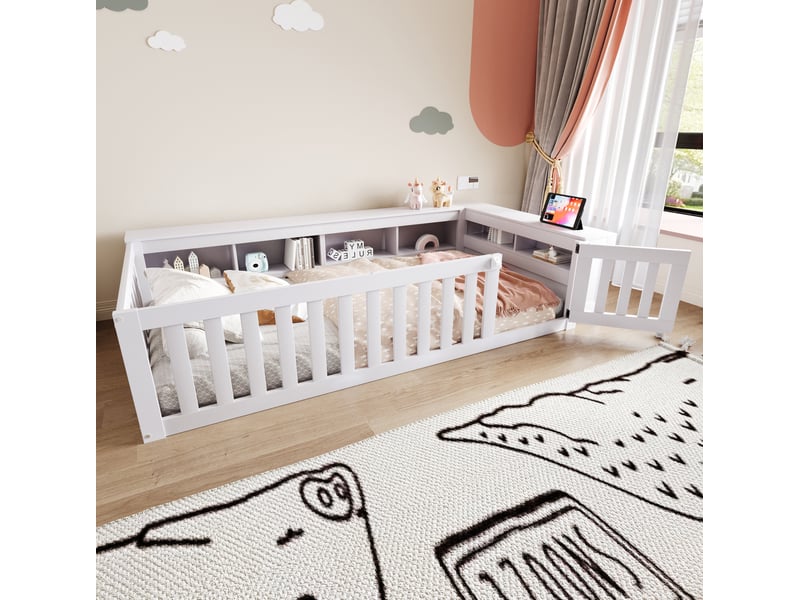 Lit au sol enfant 90 x 200 cm avec rangements, barrières et portillon blanc - Conforama C