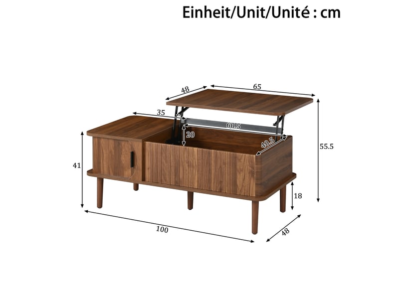 Table basse relevable avec porte coulissante et niche de rangement, finition noyer, pour salon, 100 × 48 × 55,5 cm - Conforama E