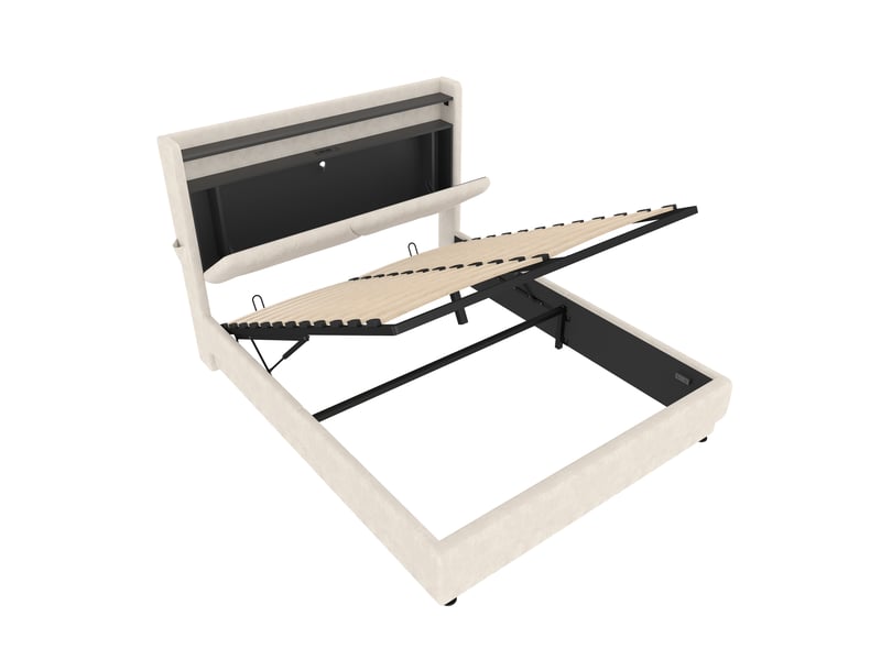  Lit coffre 160x200 cm rembourré avec rangement hydraulique, tête de lit avec étagères, LED, USB et Type-C Fay Lum - Conforama A