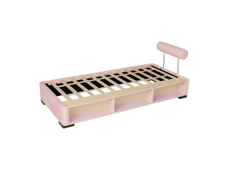  Lit enfant bas 90x200 cm rose - lit ado modulable avec led latérale, rangement ouvert et tête de lit sur 3 côtés  - Conforama A