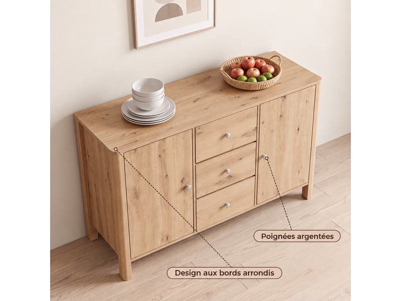  Buffet 120x40x80 cm effet chêne, 2 portes, 3 tiroirs, poignées métal, rangement salon salle à manger  - Conforama D