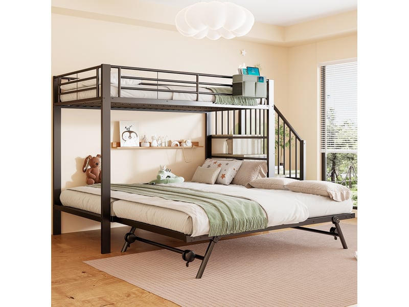  Lit superposé 90 x 200 cm en métal noir avec lit gigogne et escalier de rangement  - Conforama D