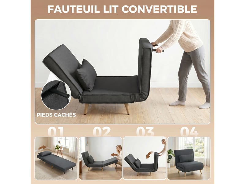  Canapé-lit 1 place avec dossier réglable, coussin inclus et pieds charge pliables 120 kg gris  - Conforama A