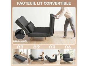 Canapé-lit 1 place avec dossier réglable, coussin inclus et pieds charge pliables 120 kg gris