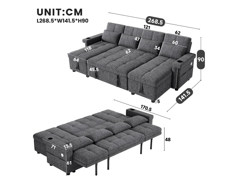 Canapé d’angle convertible en u 4 places 268,5 cm, 2 méridiennes avec coffre, dossier réglable 3 positions, led, usb et usb-c, chenille gris Radiant Stride - Conforama C