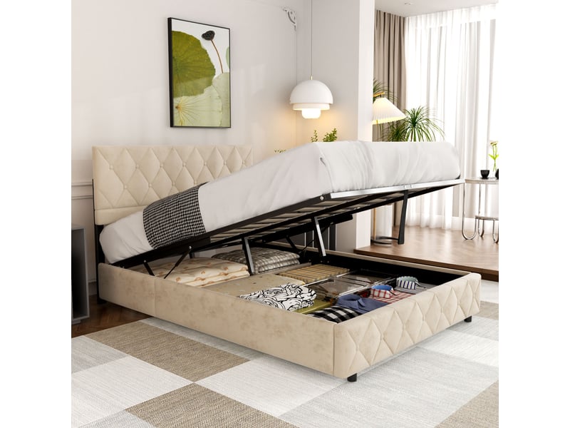 Lit rembourré 140x200 cm avec sommier à lattes beige evryae  - Conforama E