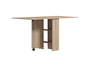 Table à manger pliante mobile sur roulettes 2 plateaux rabattables et 2 étagères intégrées 140 x 80 x 74 cm naturel