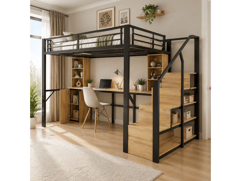  Lit mezzanine 140 × 200 cm noir, bureau usb, armoire et escalier avec rangement IKSETERA TRADING LTD - Conforama D