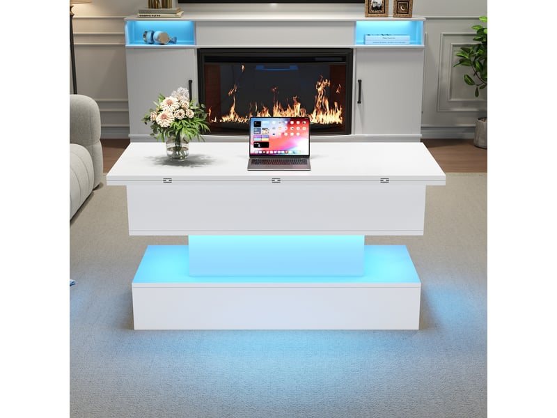  Table basse relevable 100x50x51,5 cm, plateau dépliable 100x100 cm, hauteur réglable, led, usb-c, prise intégrée et rangement caché - blanc  - Conforama C