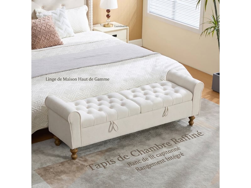  Banquette coffre beige avec rangement, tissu chenille et accoudoirs, bout de lit  - Conforama B