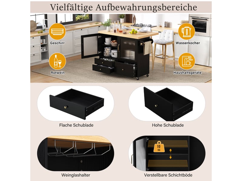  Îlot de cuisine à roulettes plan rabattable en mdf noir et naturel 100x42-70x91.5 cm KL000007AAB - Conforama E