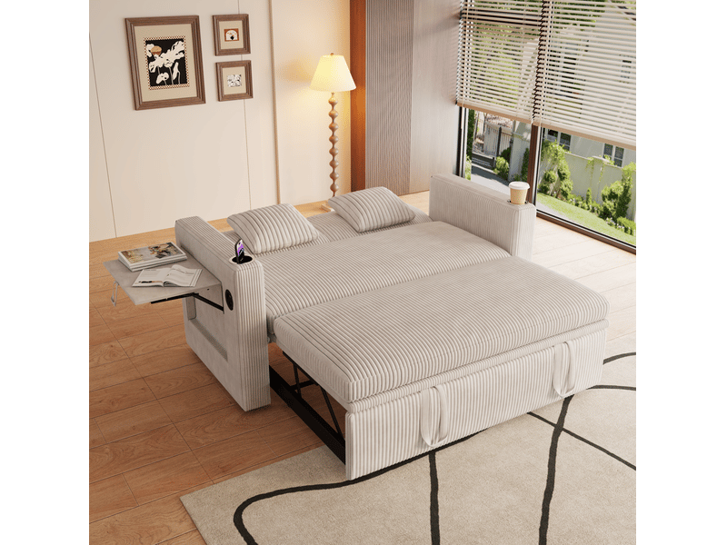 Canapé convertible 2 places avec dossier réglable, porte-gobelets et usb en velours côtelé blanc 145 × 72 × 85,5 cm - Conforama D