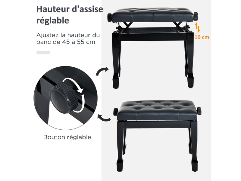  Banc de piano, banc de clavier réglable en hauteur en bois massif, tabouret piano avec siège rembourré polyuréthane à 10 boutons, stable et antidérapant, noir, charge 200kg  - Conforama A