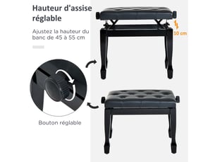 Banc de piano, banc de clavier réglable en hauteur en bois massif, tabouret piano avec siège rembourré polyuréthane à 10 boutons, stable et antidérapant, noir, charge 200kg