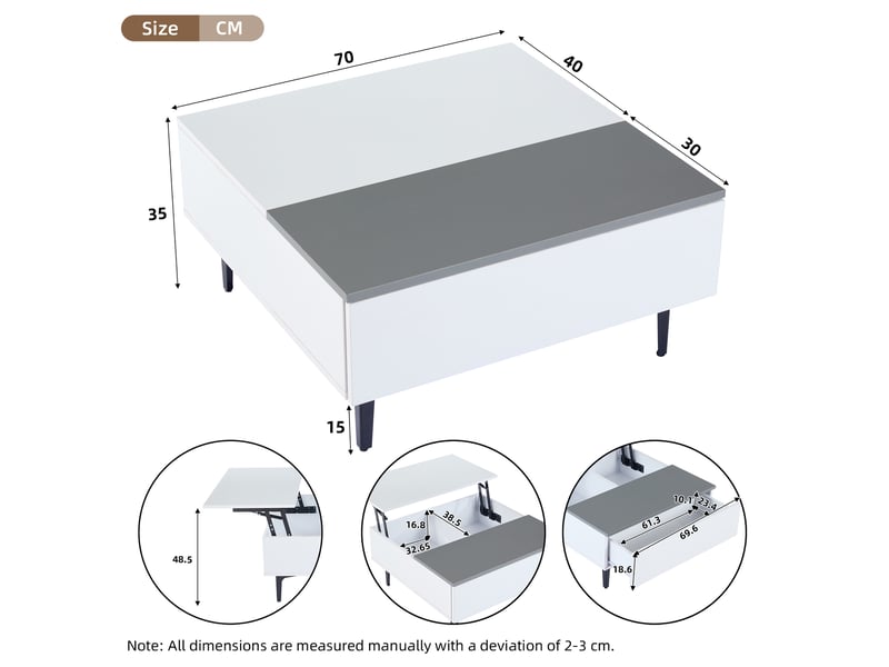 Table basse relevable avec rangement, tiroir et led pour salon en mdf 70×70×35 cm blanc et gris - Conforama E