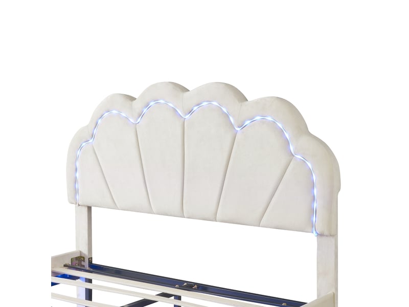  Lit enfant 2 places 140x200cm avec led, tête de lit en forme de pétales et sommier à lattes, velours beige, sans matelas  - Conforama E