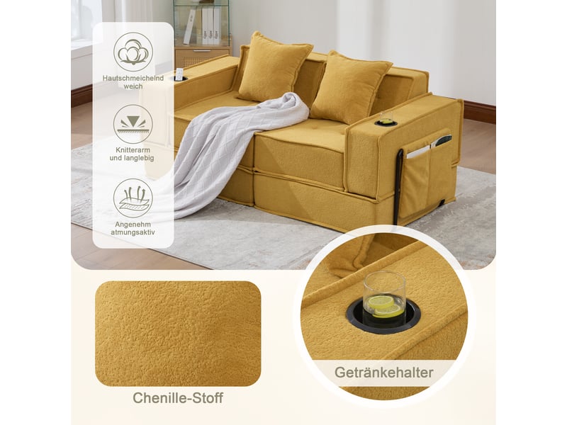  Canapé convertible, canapé-lit – en tissu, porte-gobelets, avec rangement, 2 places, avec pouf  - Conforama R