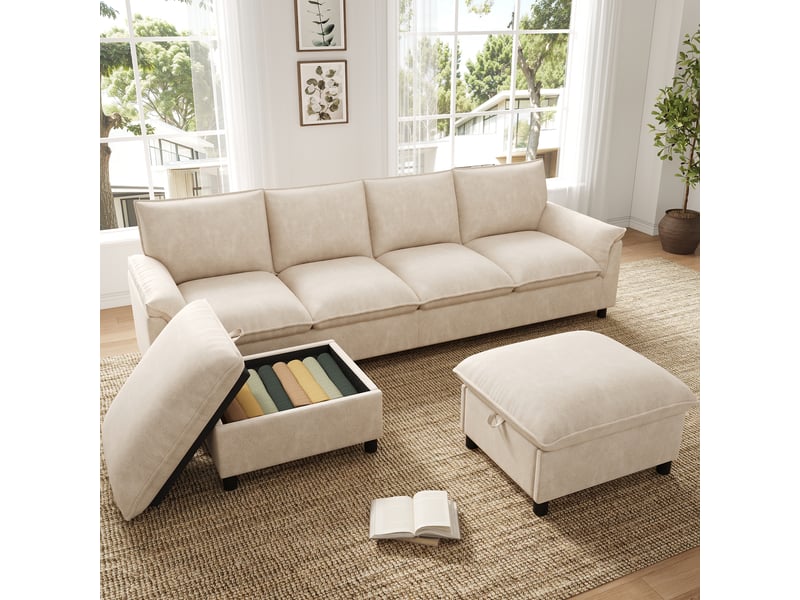  Canapé d’angle modulable 4 places 264,5x142,5x84 cm en u, confort effet nuage avec 2 repose-pieds mobiles et dossier haut, chenille, beige OMNIGLINT TRADING LTD - Conforama E