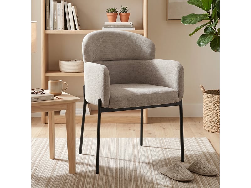  Fauteuil salon, fauteuil d'appoint rembourré en chenille avec dossier courbé et accoudoirs, pieds en métal, marron clair  - Conforama D