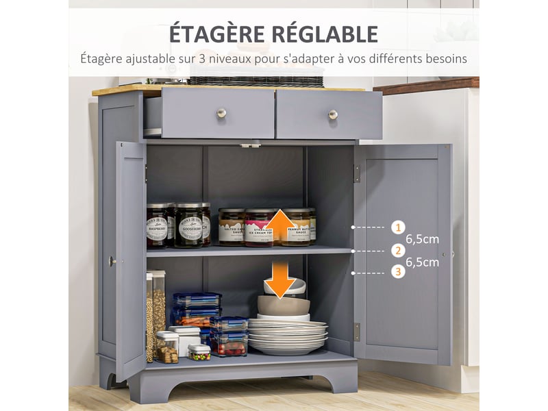 Meuble de rangement buffet salon avec placards, 2 tiroirs et étagères réglables, 68x40,3x85cm, gris et bois naturel - Conforama R