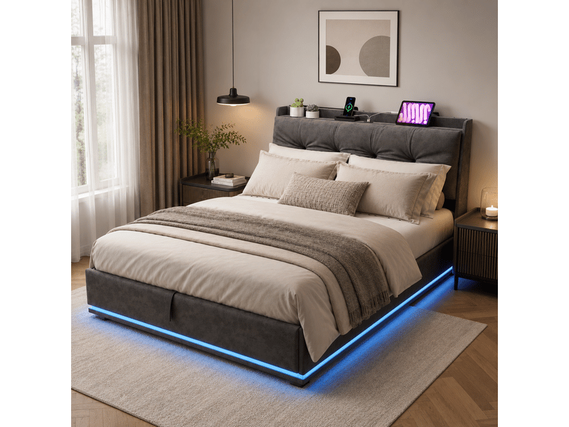  Lit 140x190 avec led et port usb, lit coffre avec tête de lit rembourré et rangement hydraulique, cadre de lit avec sommier à lattes, gris velours  - Conforama D