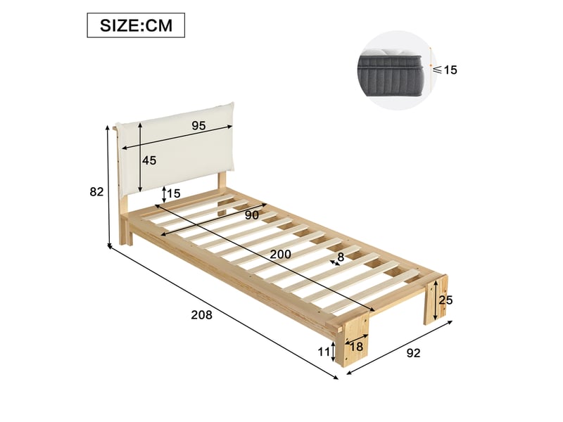  Lit enfant 90x200 cm en bois avec tête de lit rembourrée coloris naturel  - Conforama C